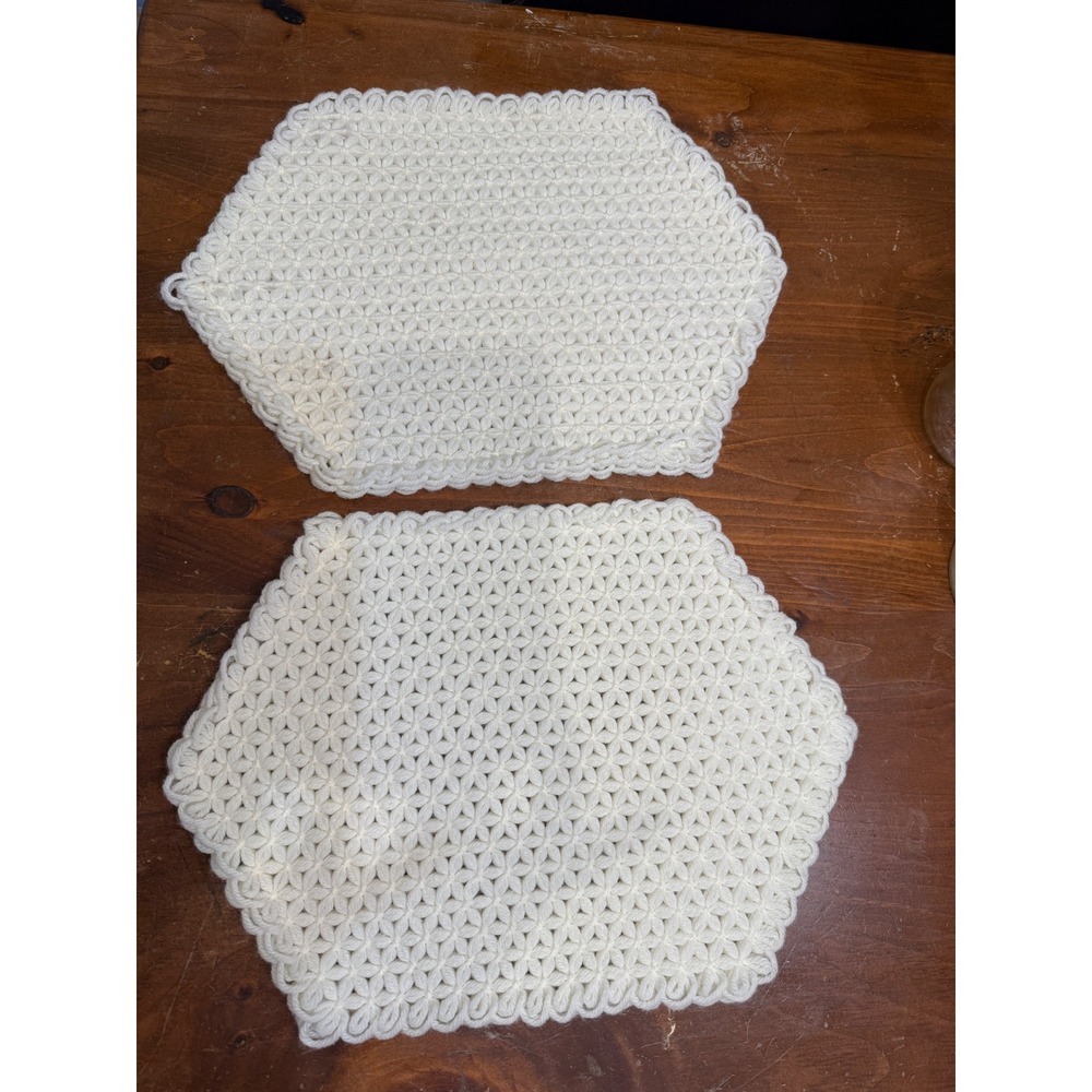 Handmade Crochet Hexagon Placemats Cream White Star Stitch Set of 6 Vintage